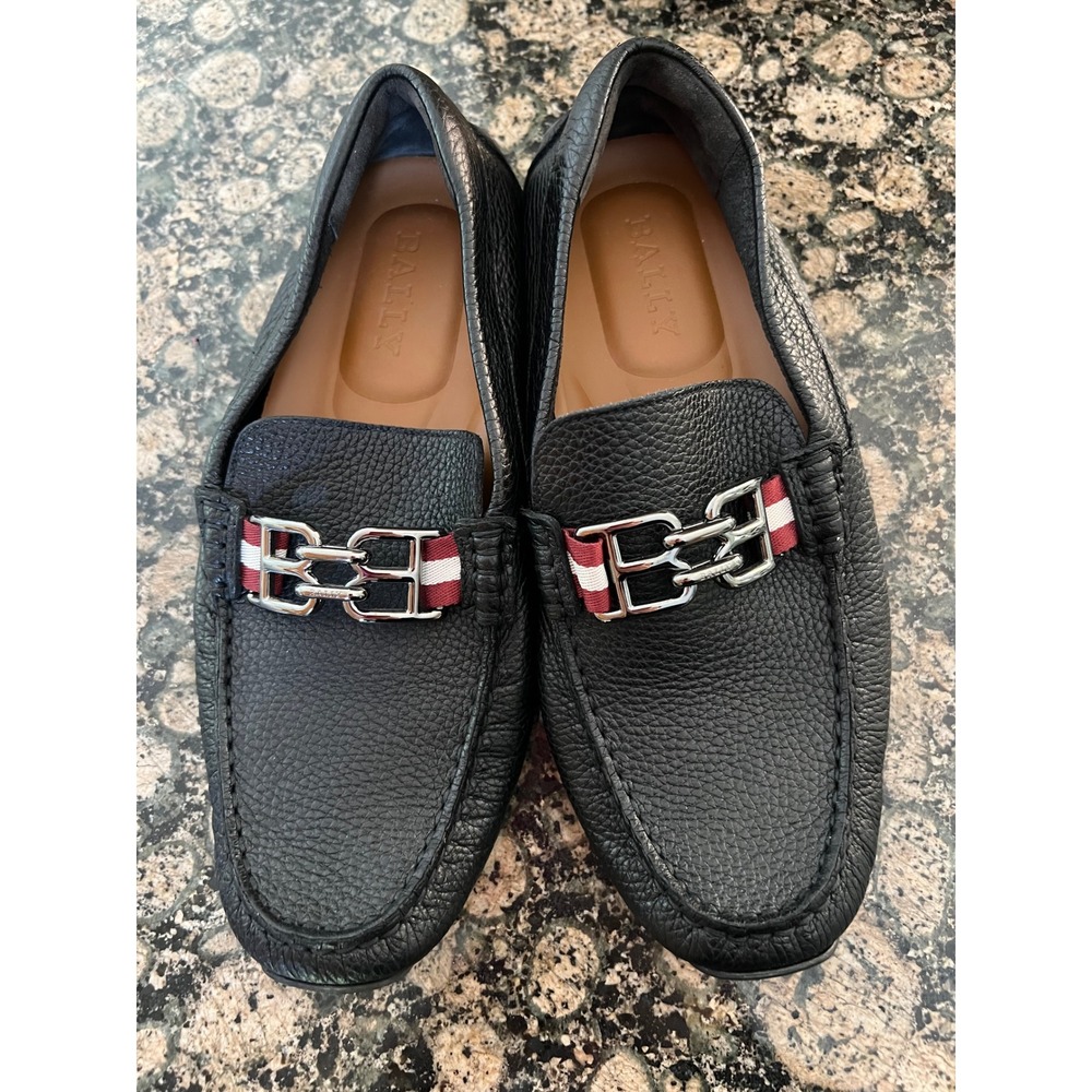 Bally Mens B-Chain Pebbled Leather Driving Loafers Black Red White Stripe Swiss